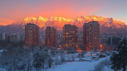 Fototapeta premium Winter cityscape at sunrise with snow-capped mountains. Urban buildings and parkland at foot of majestic peaks