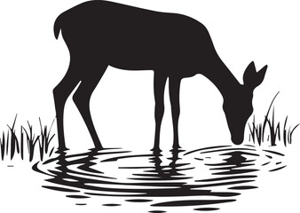 Silhouette of a deer drinking water from a small pond vector silhouette
