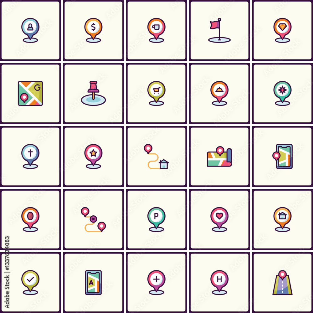 Poster location pin symbol collection: diverse map pointer icon set with unique markings