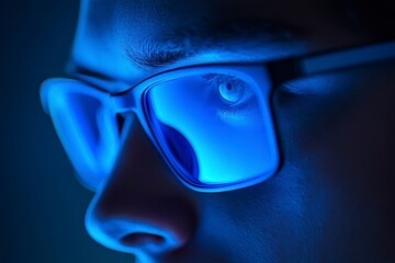 Close-up of a person's face wearing blue light blocking glasses to protect from screen glare and eye strain