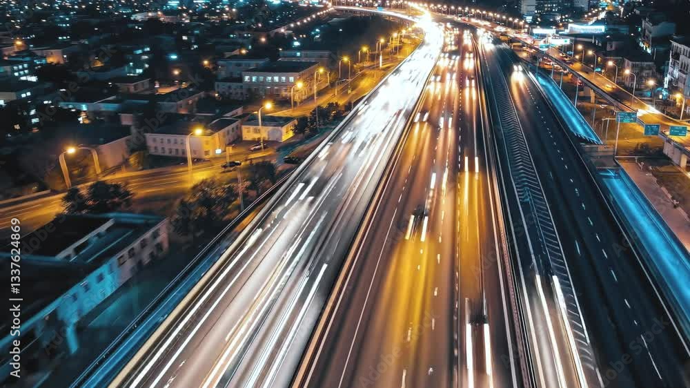 Poster multilane highway interchange with blurred light trails from moving vehicles, showcasing complex urb