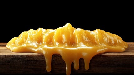 Smooth yellow substance, dripping on wood, against a dark backdrop