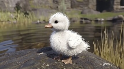 Fluffy white duckling by a pond