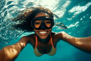 Fototapeta premium A attractive and sexy happy black young woman with medium hair in a swimming mask and fins snorkeling among the corals. Commercial travel photography. Bright commercial style image.