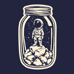 astronaut in the galaxy inside a glass jar, spaceman sticker illustration