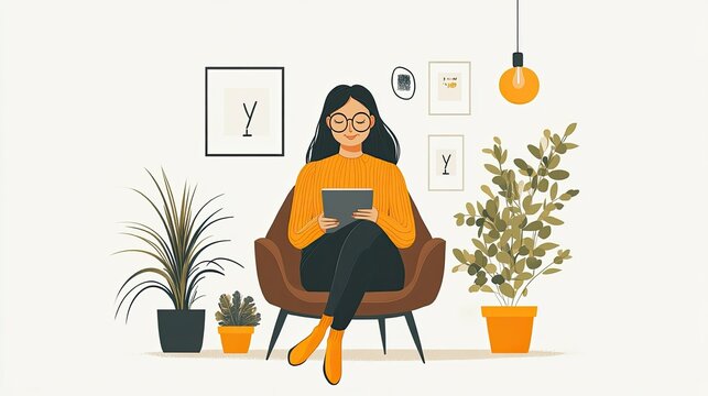 Woman relaxing in a cozy armchair using a tablet