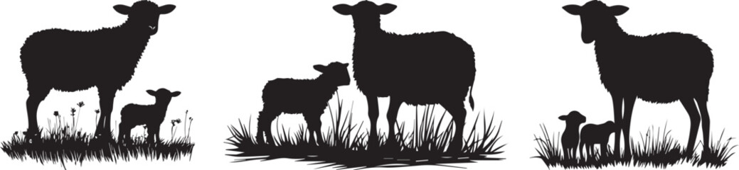 Silhouette of a newborn lamb standing beside its mother in a meadow vector silhouette