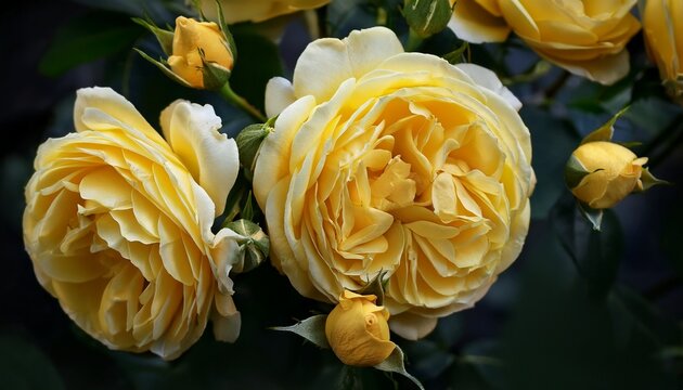 Yellow garden roses with bent down medium sized double blooms, Khortitsa, Ukrainian bred rose