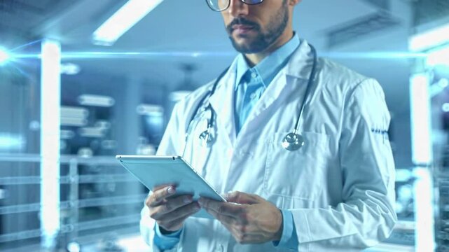 Healthcare professional reviews digital medical records. Advanced technology transforms clinical documentation workflow.