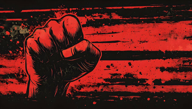 Bold red background with a raised fist symbolizing strength and resistance, conveying a powerful message