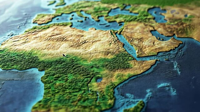 Detailed topographic map highlighting natural features of Europe, Africa and the Middle East with varied elevations