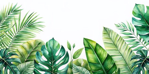 Elegant Watercolor Tropical Leaf Border: Palm, Monstera, Banana Leaves, Botanical Art, Wedding Invitation