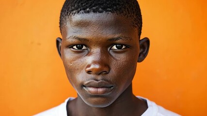 Young boy with serious expression against vibrant orange background in urban setting