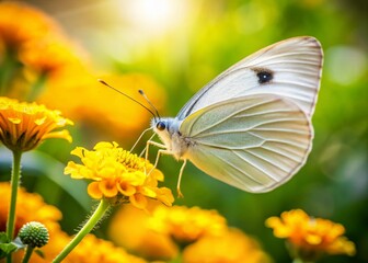 Elegant White Butterfly on Yellow Flower in Sunny Garden - Nature Photography