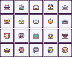 Diverse architectural arenas icon set, showcasing stadium designs and sports © Gambar
