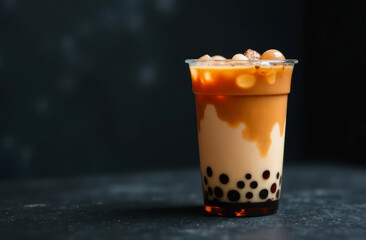 cup of black sesame bubble tea, caramel, with glossy black pearls resting on top, dark background, copy space
