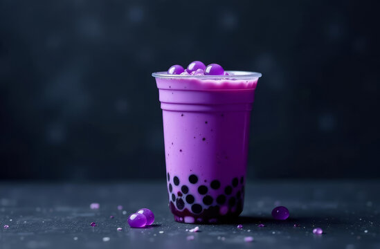 bubble tea cup featuring vibrant purple taro drink with bright purple pearls, dark, textured background, copy space, menu, banner