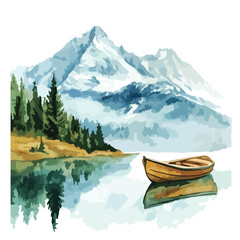 Obraz premium Serene Watercolor Mountain Landscape with Boat and Lake