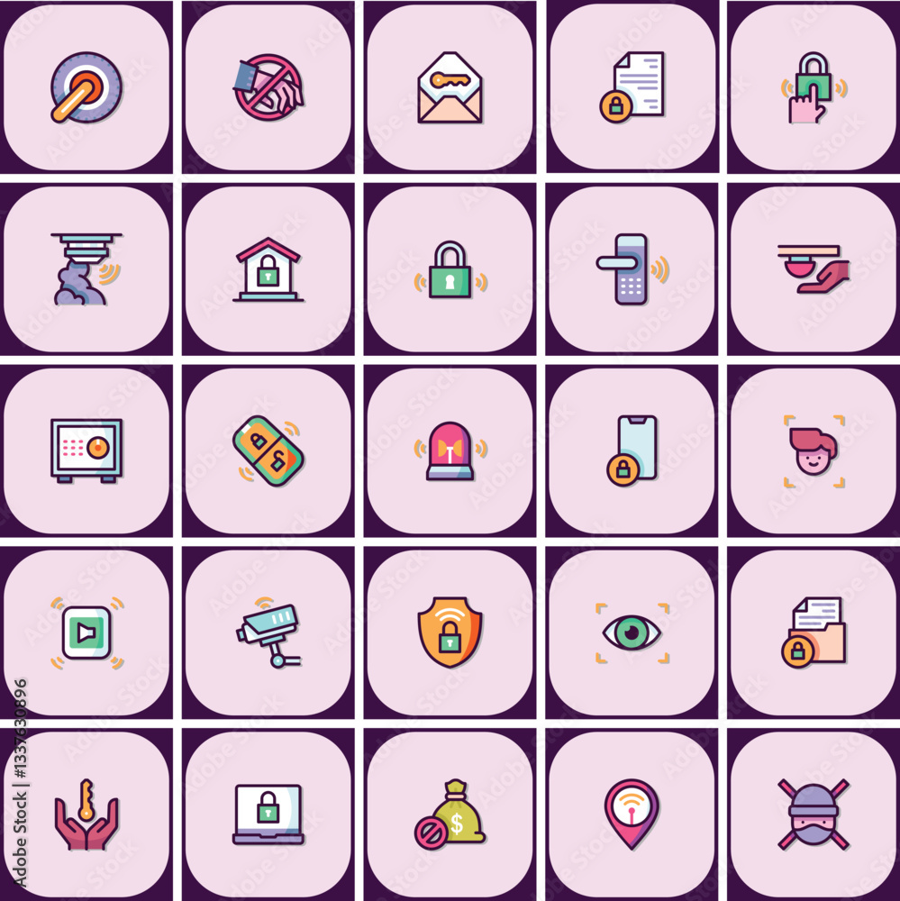 Poster comprehensive cybersecurity icon set with outlined shapes, secure data concepts