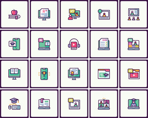 Vibrant vector icons representing online education and learning concepts
