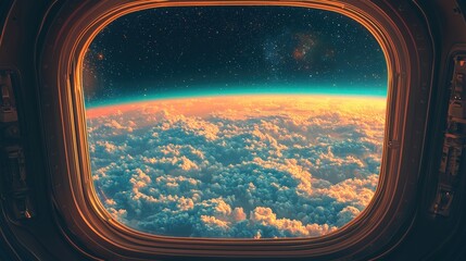 Spaceship window view of Earth's atmosphere, clouds, and cosmos.