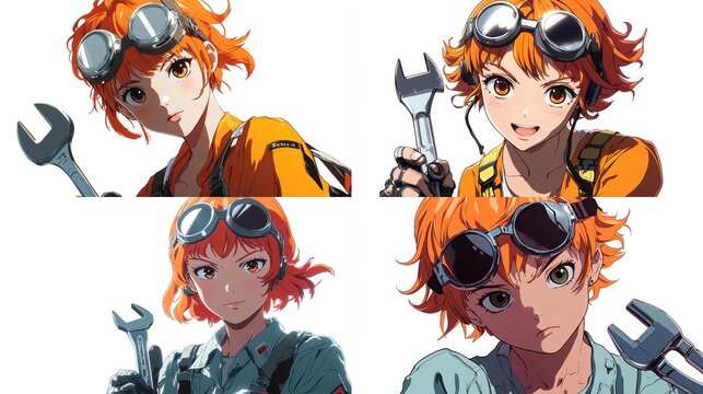 Four anime girl portraits; mechanic, wrench, goggles, orange hair.