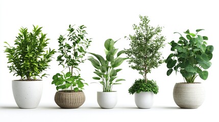 Fototapeta premium Five potted plants, various types, in white and brown pots, isolated on white background.