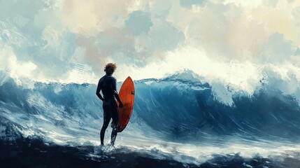 A lone surfer contemplates the colossal waves before the adrenaline fueled ride