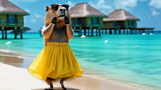 Funny capybara wearing a yellow dress and sunglasses is dancing on a tropical beach with bungalows over the water in the background	
