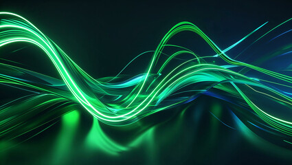 A mesmerizing abstract display of glowing emerald green and sapphire blue light trails, forming fluid, high-energy lines that convey motion and elegance.