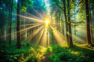 Obraz premium Ethereal Forest: Sunbeam Illuminating Lush Green Canopy with Magical Lights