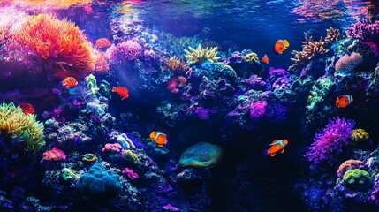 Colorful coral reefs and clownfish swimming in clear ocean water
