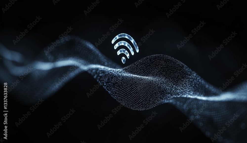 Poster wireless network connection. abstract wavy digital particles form a backdrop for a glowing wi-fi sym