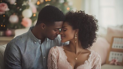 Naklejka premium Engaged couple enjoying romantic Christmas moment. African man and woman lean in, foreheads touching with soft holiday lights and festive decor around. Kiss Your Fiance Day