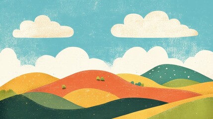 Whimsical Rolling Hills Landscape with Pastel Colors and Clouds
