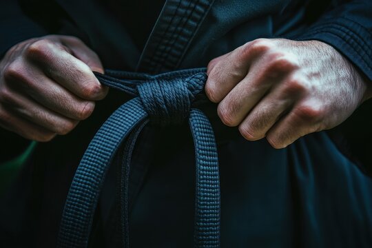 Close-up of hands tying a black belt in a martial arts uniform.