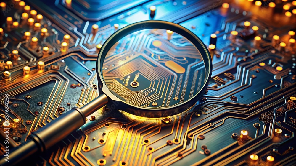 Poster examining digital network infrastructure: close-up of magnifying glass over complex circuit board