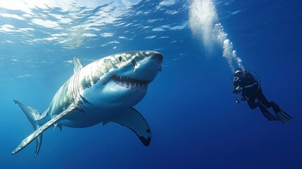 Fototapeta premium Intense underwater encounter: Diver alongside imposing great white shark in clear blue ocean