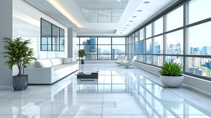 Modern white apartment with city view.