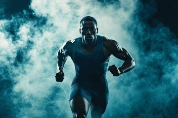 Fototapeta premium Determined Black athlete sprints through smoky haze, embodying power, focus, and athletic prowess in monochrome blue