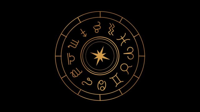 Animated rotating zodiac signs isolated in black. 4K footage video horoscope gold