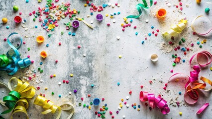 Obraz premium Festive Flat Lay: Colorful Ribbons & Confetti on White Background - Perfect for Holiday Celebrations
