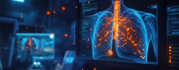 High-tech digital scan of human lungs with data visualization.
