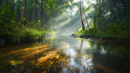 Serene Forest Clear Stream Scene, Vibrant Greenery and Wildlife Flourishing, Environmental Harmony Depicted.