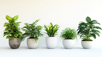 Obraz premium Five potted houseplants on white background.