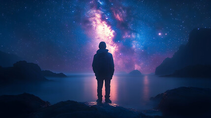Obraz premium A lone figure stands on rocky shores gazing at a vibrant galaxy illuminating the night sky