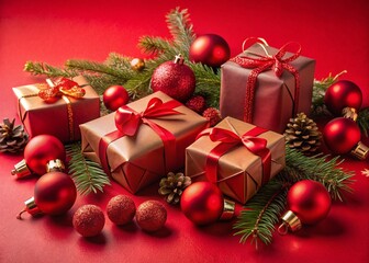 Festive Red Background with Wrapped Gifts & Ornaments - Candid Holiday Photo