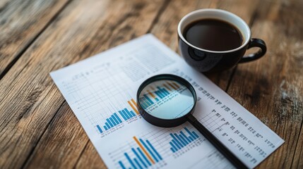Examining data trends with a magnifying glass on analysis reports during a morning coffee 