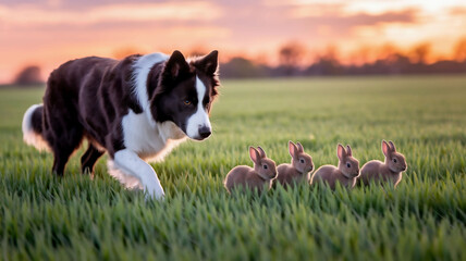 Playful Dog and Rabbits Running Together in a Scenic Meadow at Sunset