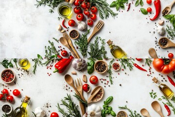 Fresh herbs, spices, vegetables & cooking utensils collage.